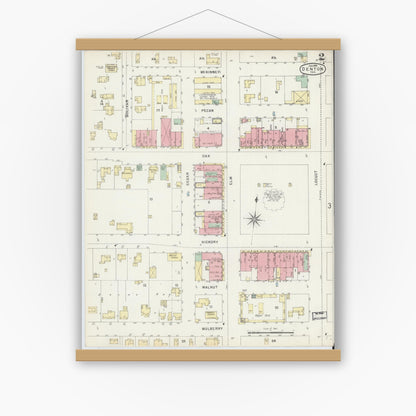 Old map wall art mockup — magnetic wood frame on white wall — Sanborn Fire Insurance Map from Denton, Denton County, Texas (1896), Sheet #0002