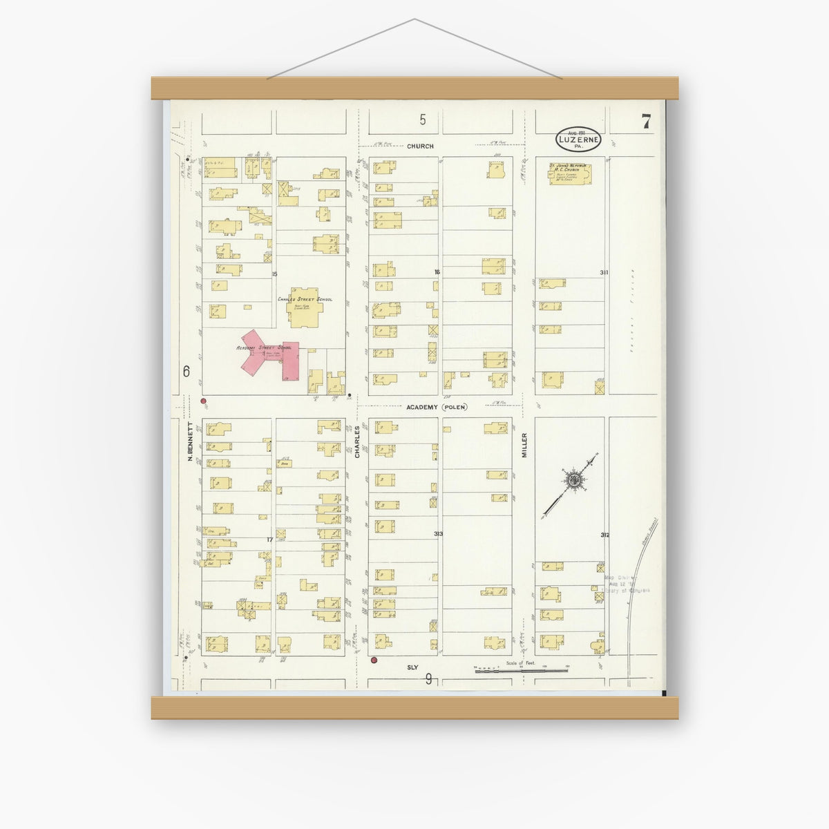 Old map wall art mockup — magnetic wood frame on white wall — Sanborn Fire Insurance Map from Luzerne, Luzerne County, Pennsylvania (1911), Sheet #0007