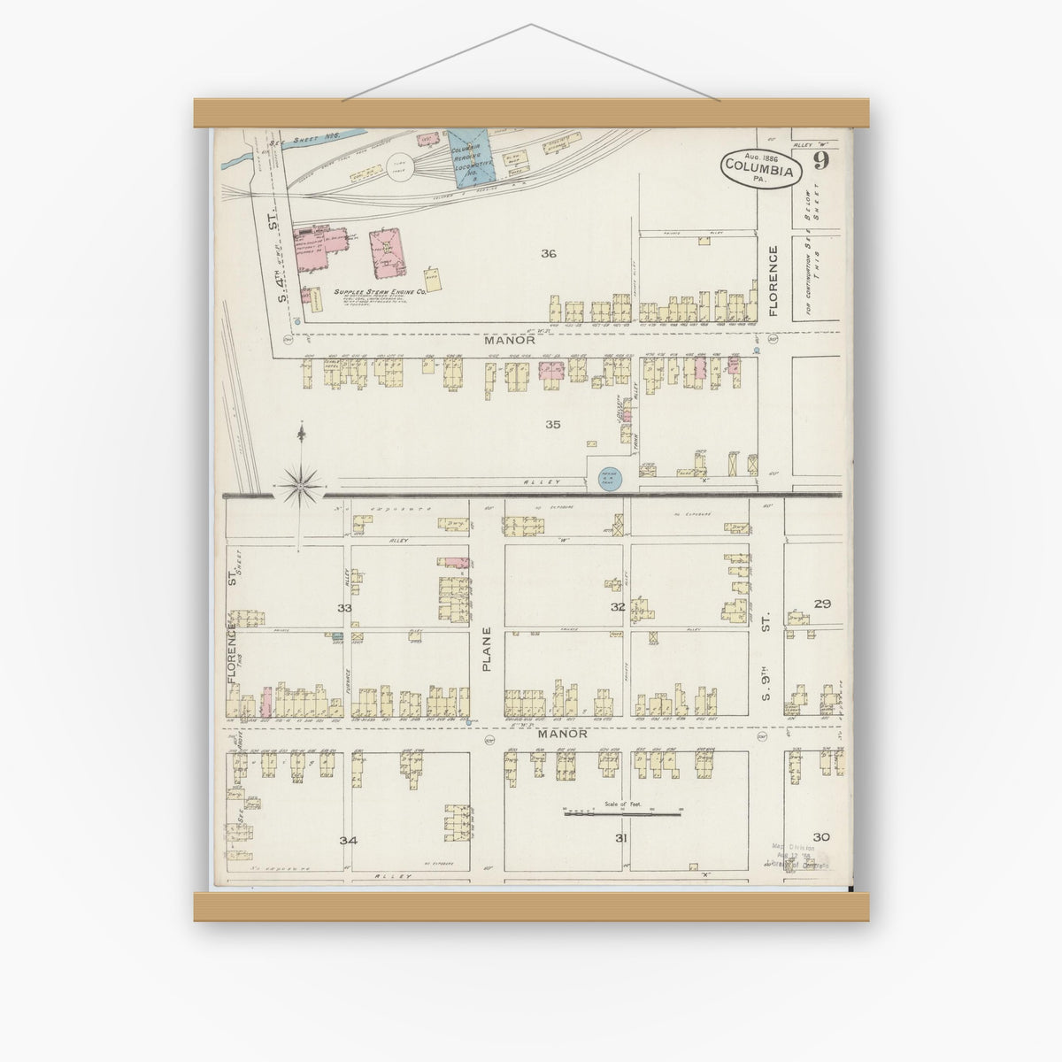 Old map wall art mockup — magnetic wood frame on white wall — Sanborn Fire Insurance Map from Columbia, Lancaster County, Pennsylvania (1886), Sheet #0009