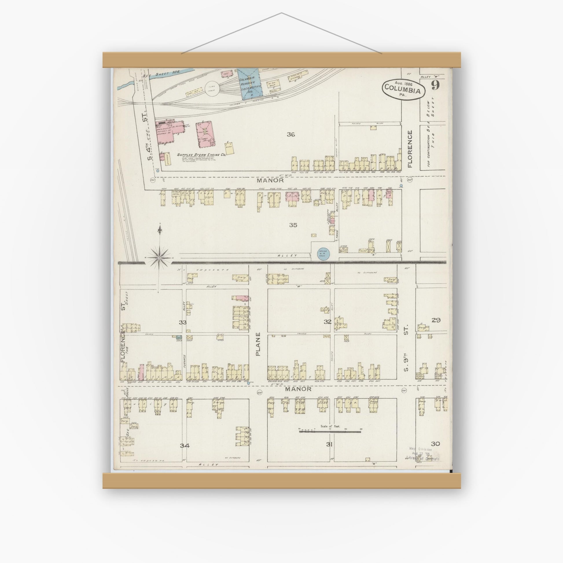 Old map wall art mockup — magnetic wood frame on white wall — Sanborn Fire Insurance Map from Columbia, Lancaster County, Pennsylvania (1886), Sheet #0009