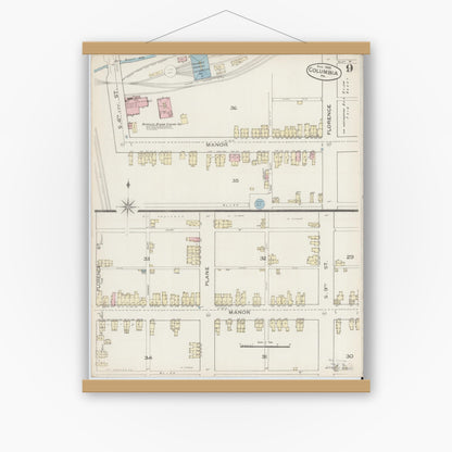 Old map wall art mockup — magnetic wood frame on white wall — Sanborn Fire Insurance Map from Columbia, Lancaster County, Pennsylvania (1886), Sheet #0009