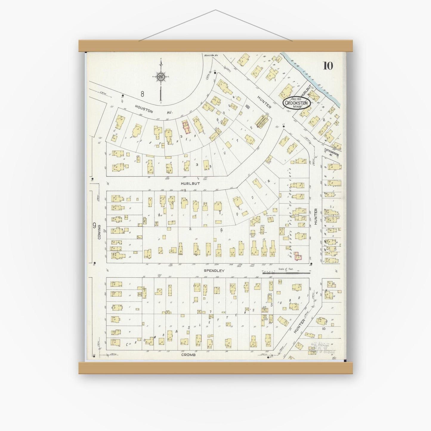 Old map wall art mockup — magnetic wood frame on white wall — Sanborn Fire Insurance Map from Crookston, Polk County, Minnesota (1913), Sheet #0010