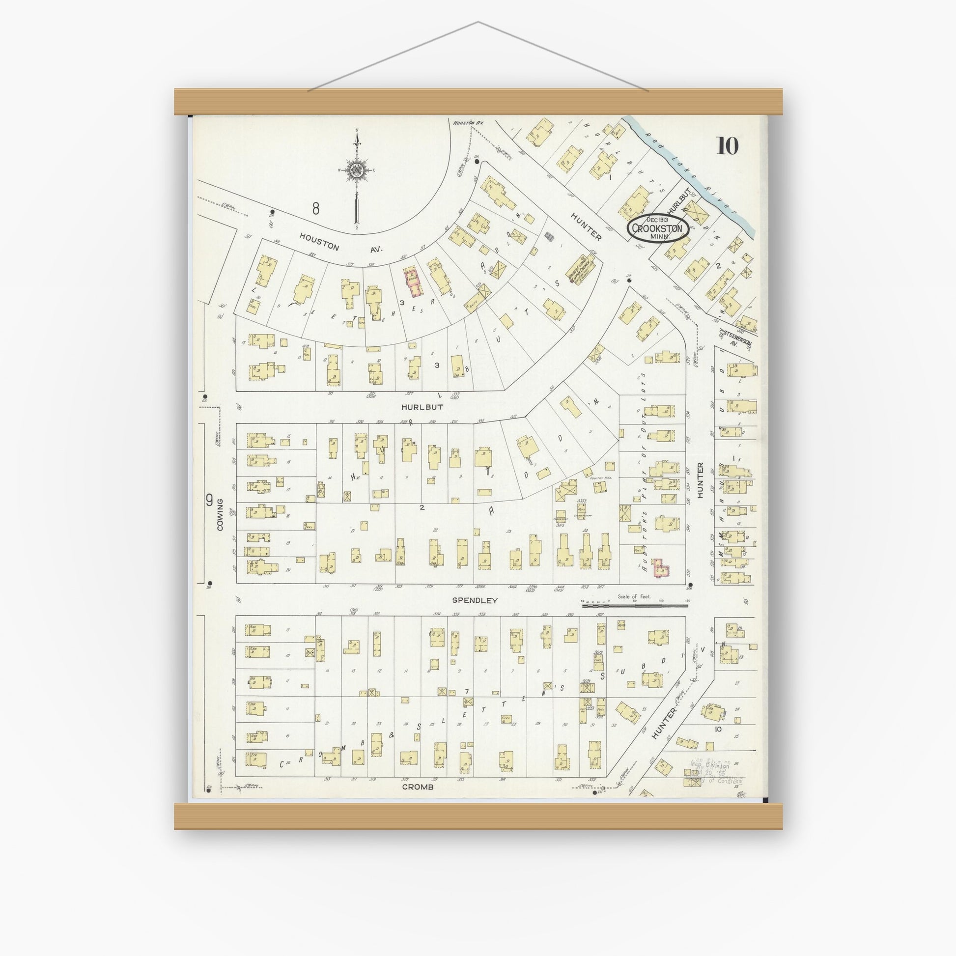 Old map wall art mockup — magnetic wood frame on white wall — Sanborn Fire Insurance Map from Crookston, Polk County, Minnesota (1913), Sheet #0010