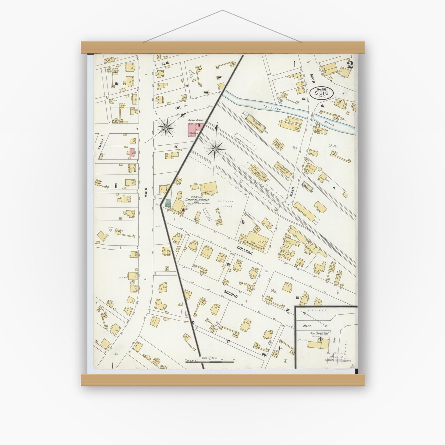 Old map wall art mockup — magnetic wood frame on white wall — Sanborn Fire Insurance Map from Scio, Harrison County, Ohio (1899), Sheet #0002