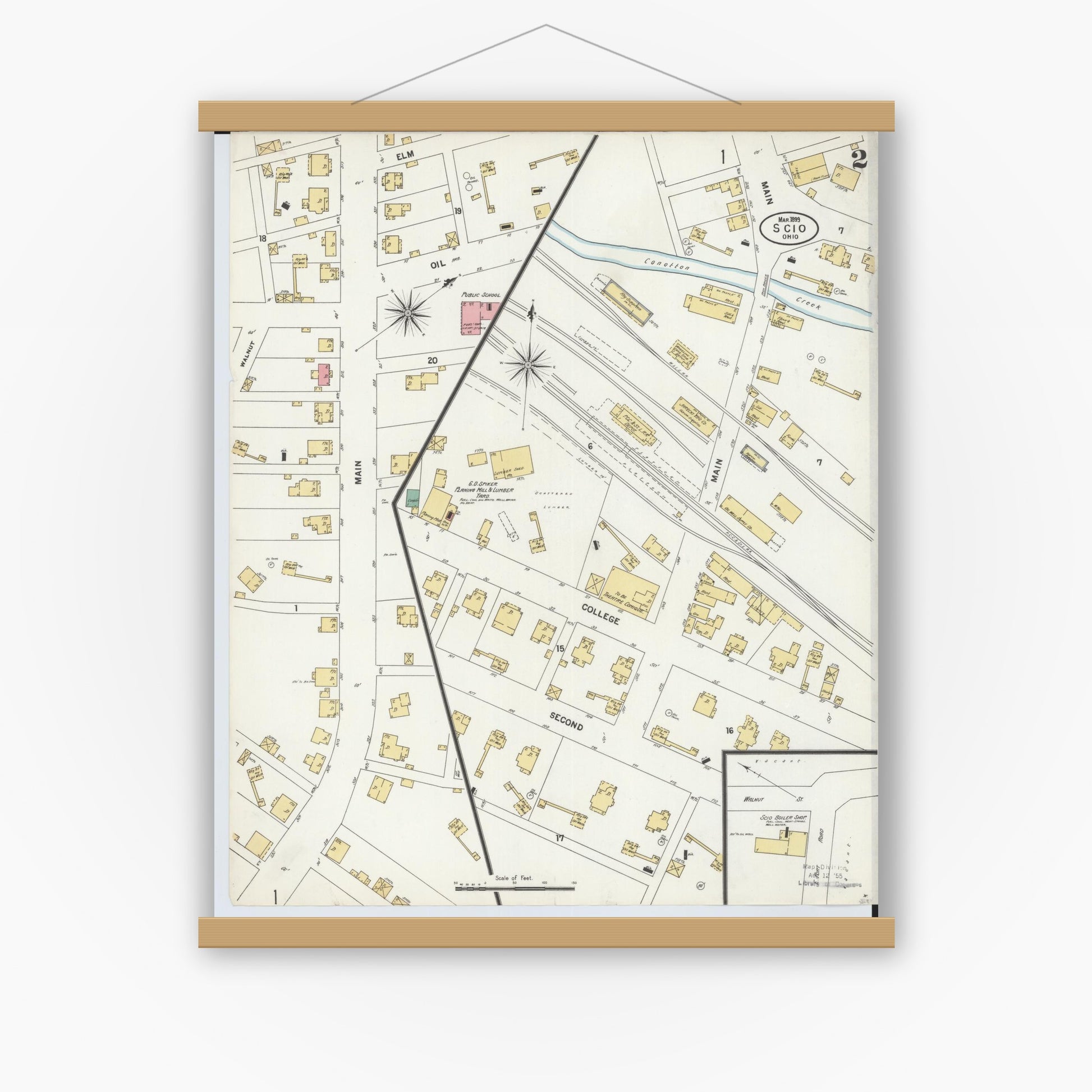 Old map wall art mockup — magnetic wood frame on white wall — Sanborn Fire Insurance Map from Scio, Harrison County, Ohio (1899), Sheet #0002