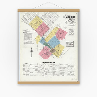 Old map wall art mockup — magnetic wood frame on white wall — Sanborn Fire Insurance Map from Glenside, Montgomery County, Pennsylvania (1920) - Complete Map Set