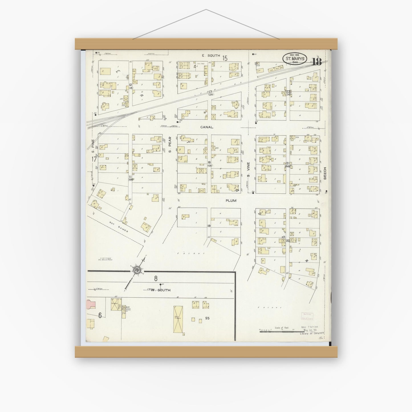 Old map wall art mockup — magnetic wood frame on white wall — Sanborn Fire Insurance Map from Saint Marys, Auglaize County, Ohio (1914), Sheet #0018