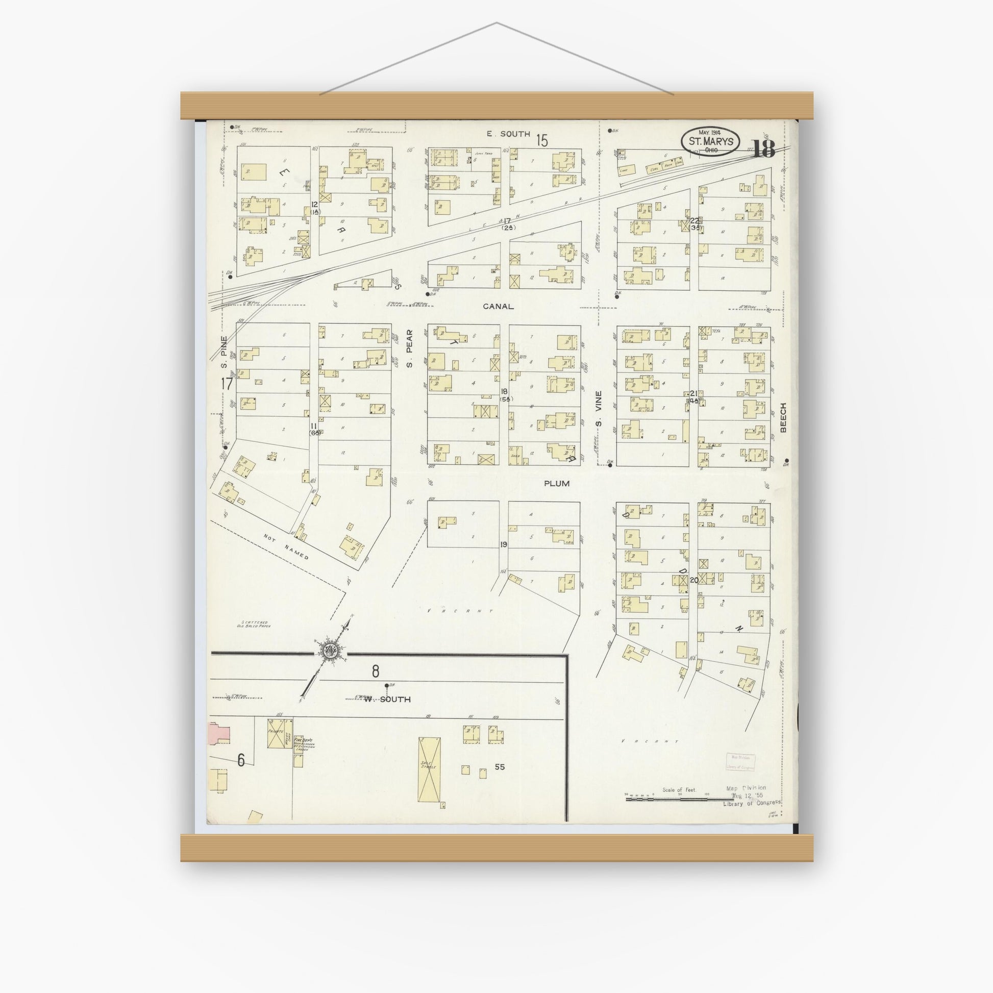 Old map wall art mockup — magnetic wood frame on white wall — Sanborn Fire Insurance Map from Saint Marys, Auglaize County, Ohio (1914), Sheet #0018