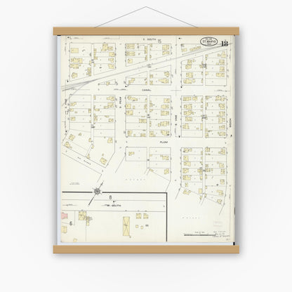 Old map wall art mockup — magnetic wood frame on white wall — Sanborn Fire Insurance Map from Saint Marys, Auglaize County, Ohio (1914), Sheet #0018