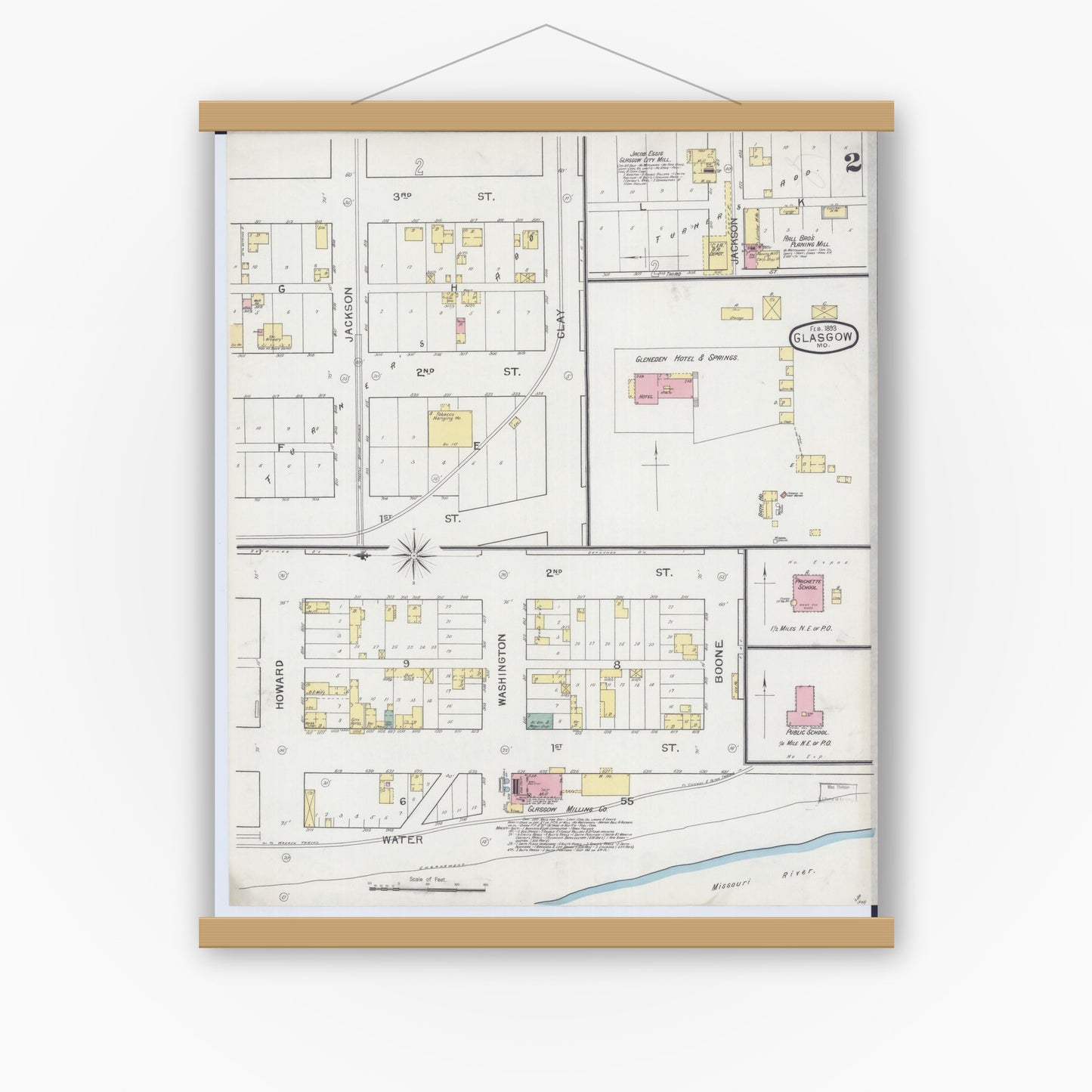 Old map wall art mockup — magnetic wood frame on white wall — Sanborn Fire Insurance Map from Glasgow, Howard County, Missouri (1893), Sheet #0002