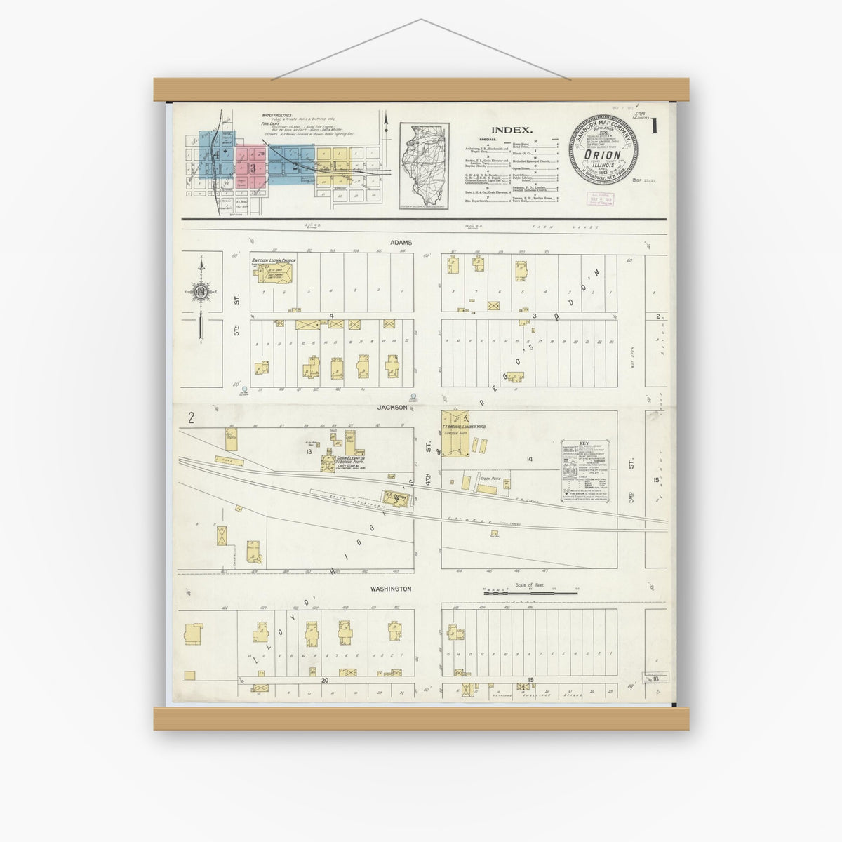 Old map wall art mockup — magnetic wood frame on white wall — Sanborn Fire Insurance Map from Orion, Henry County, Illinois (1913) - Complete Map Set