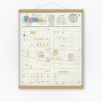 Old map wall art mockup — magnetic wood frame on white wall — Sanborn Fire Insurance Map from Orion, Henry County, Illinois (1913) - Complete Map Set