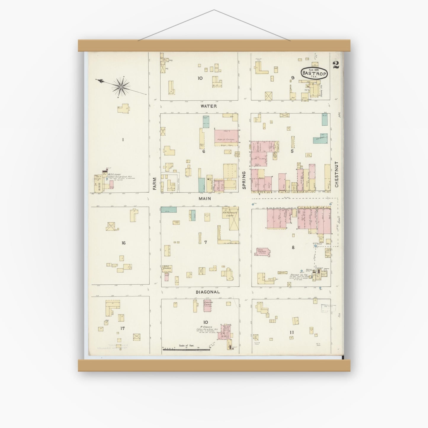 Old map wall art mockup — magnetic wood frame on white wall — Sanborn Fire Insurance Map from Bastrop, Bastrop County, Texas (1891), Sheet #0002