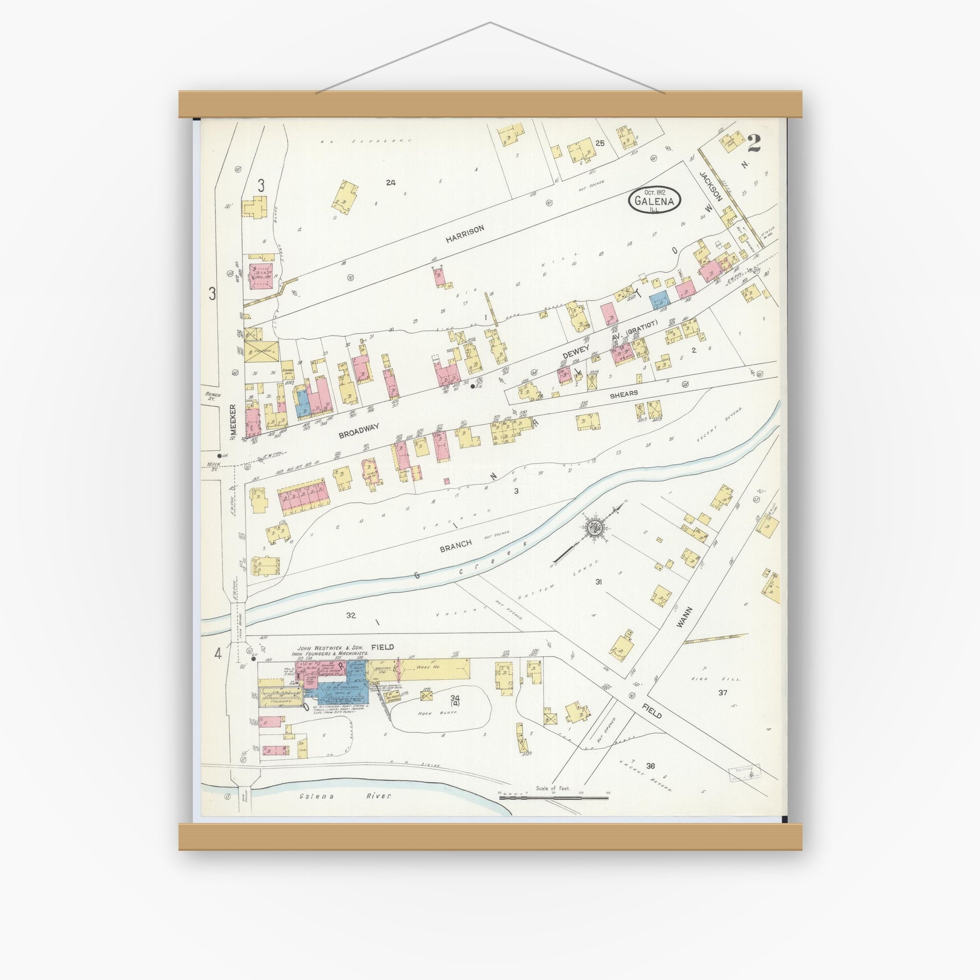Old map wall art mockup — magnetic wood frame on white wall — Sanborn Fire Insurance Map from Galena, Jo Daviess County, Illinois (1912), Sheet #0002