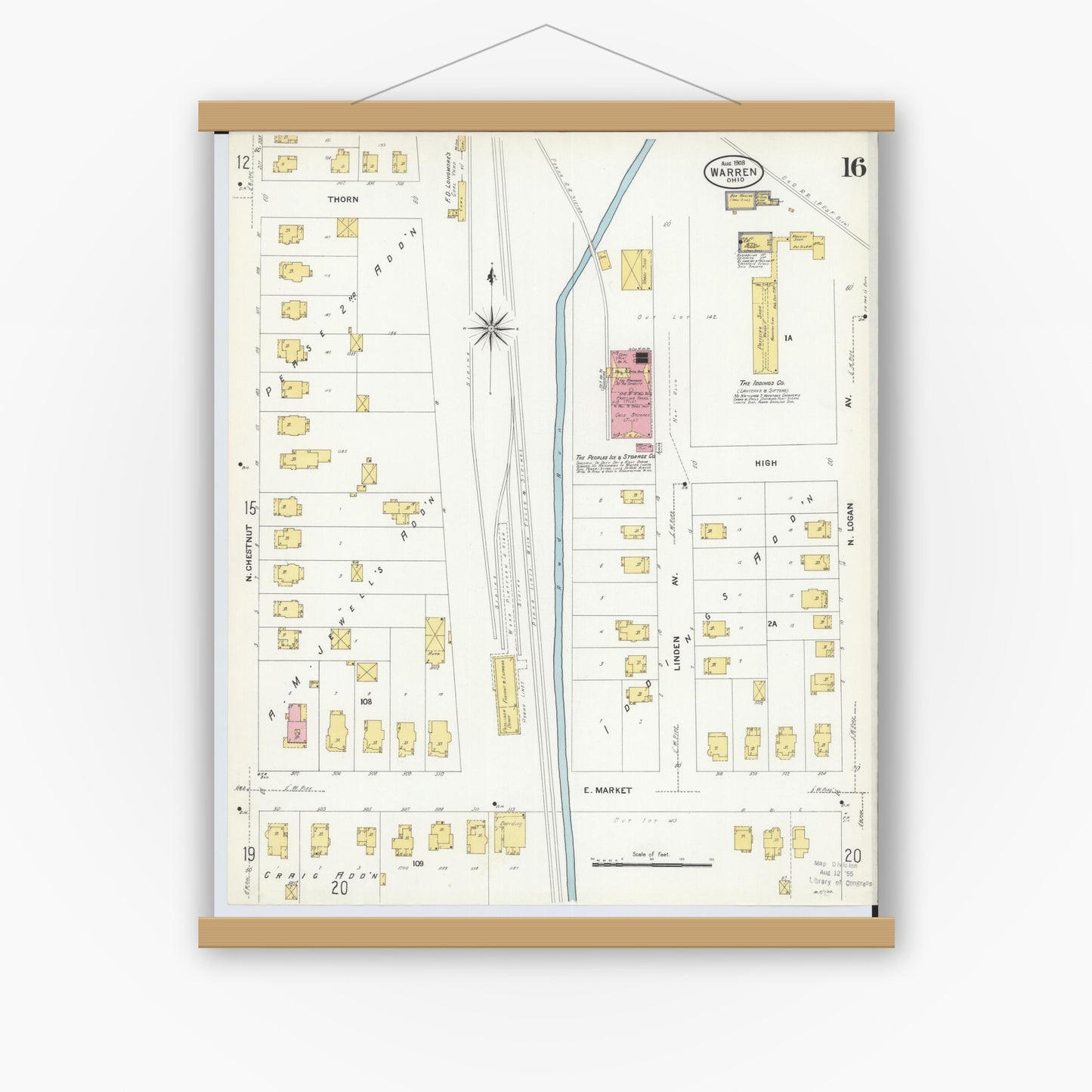 Old map wall art mockup — magnetic wood frame on white wall — Sanborn Fire Insurance Map from Warren, Trumbull County, Ohio (1908), Sheet #0016