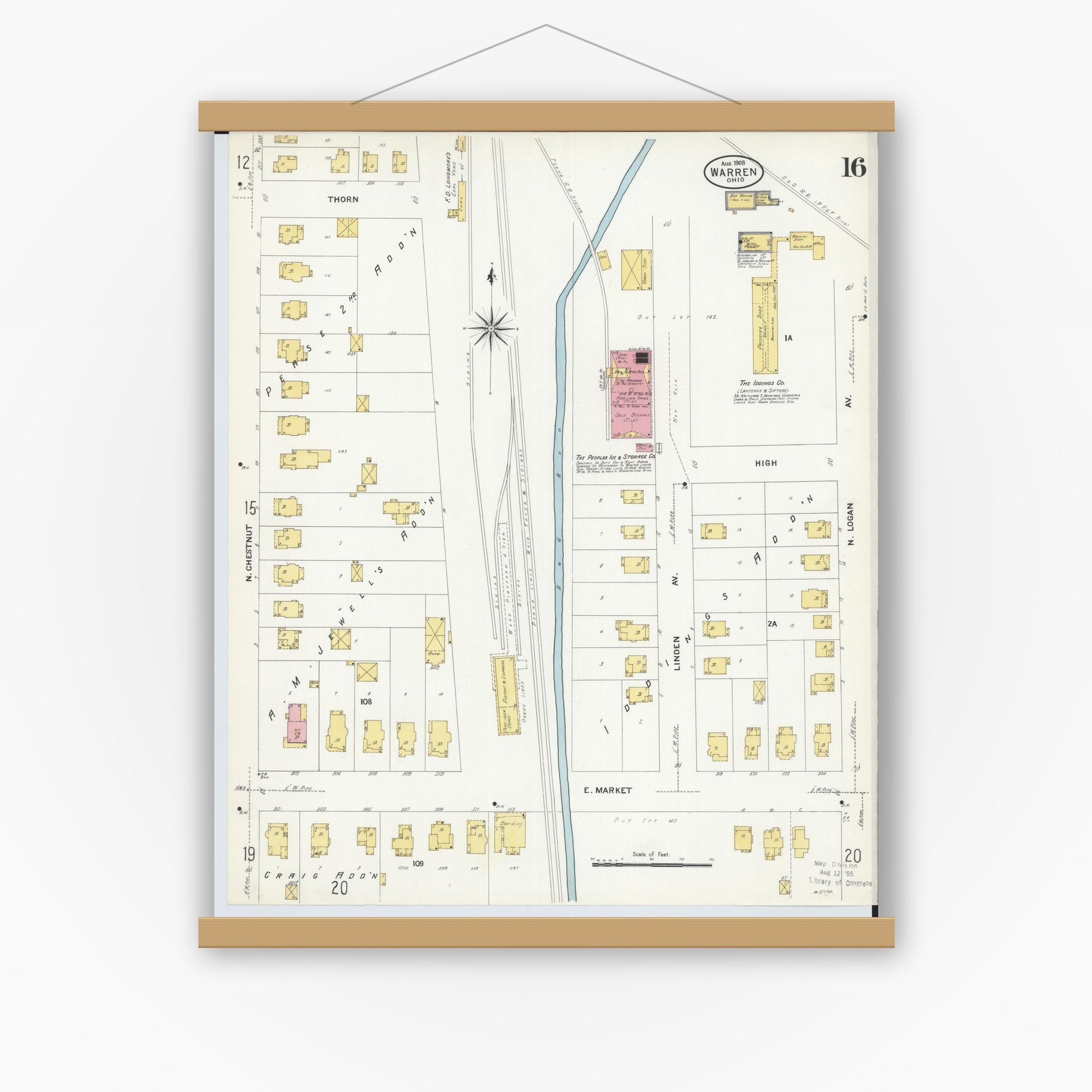 Old map wall art mockup — magnetic wood frame on white wall — Sanborn Fire Insurance Map from Warren, Trumbull County, Ohio (1908), Sheet #0016