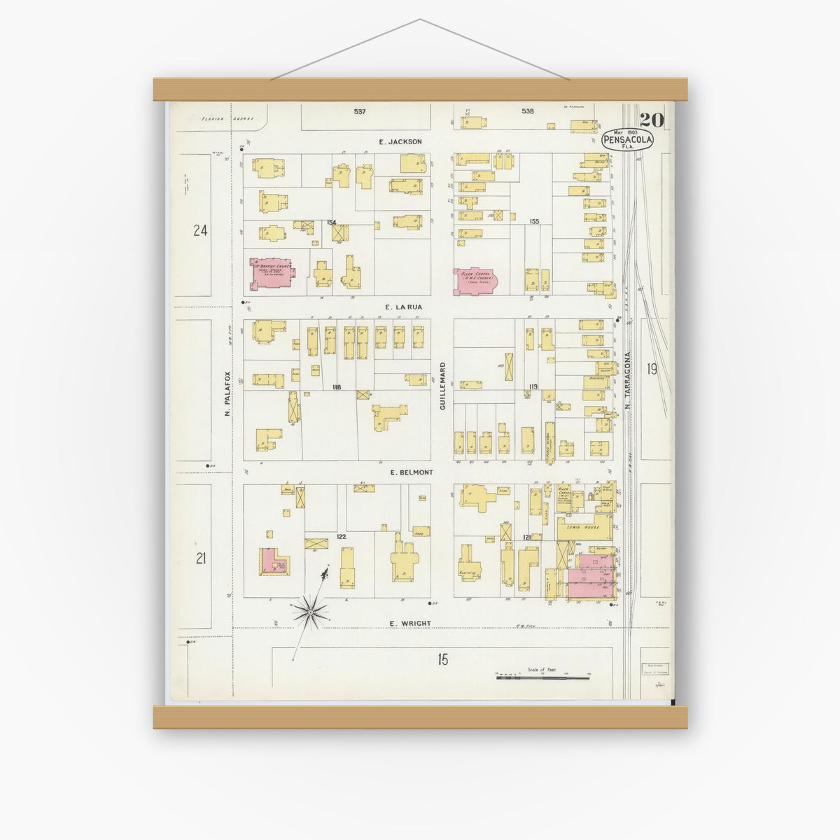 Old map wall art mockup — magnetic wood frame on white wall — Sanborn Fire Insurance Map from Pensacola, Escambia County, Florida (1903), Sheet #0020