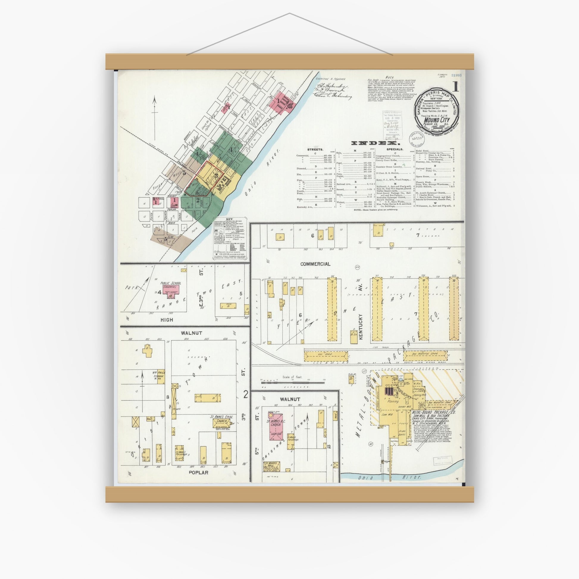 Old map wall art mockup — magnetic wood frame on white wall — Sanborn Fire Insurance Map from Mound City, Pulaski County, Illinois (1900), Sheet #0001