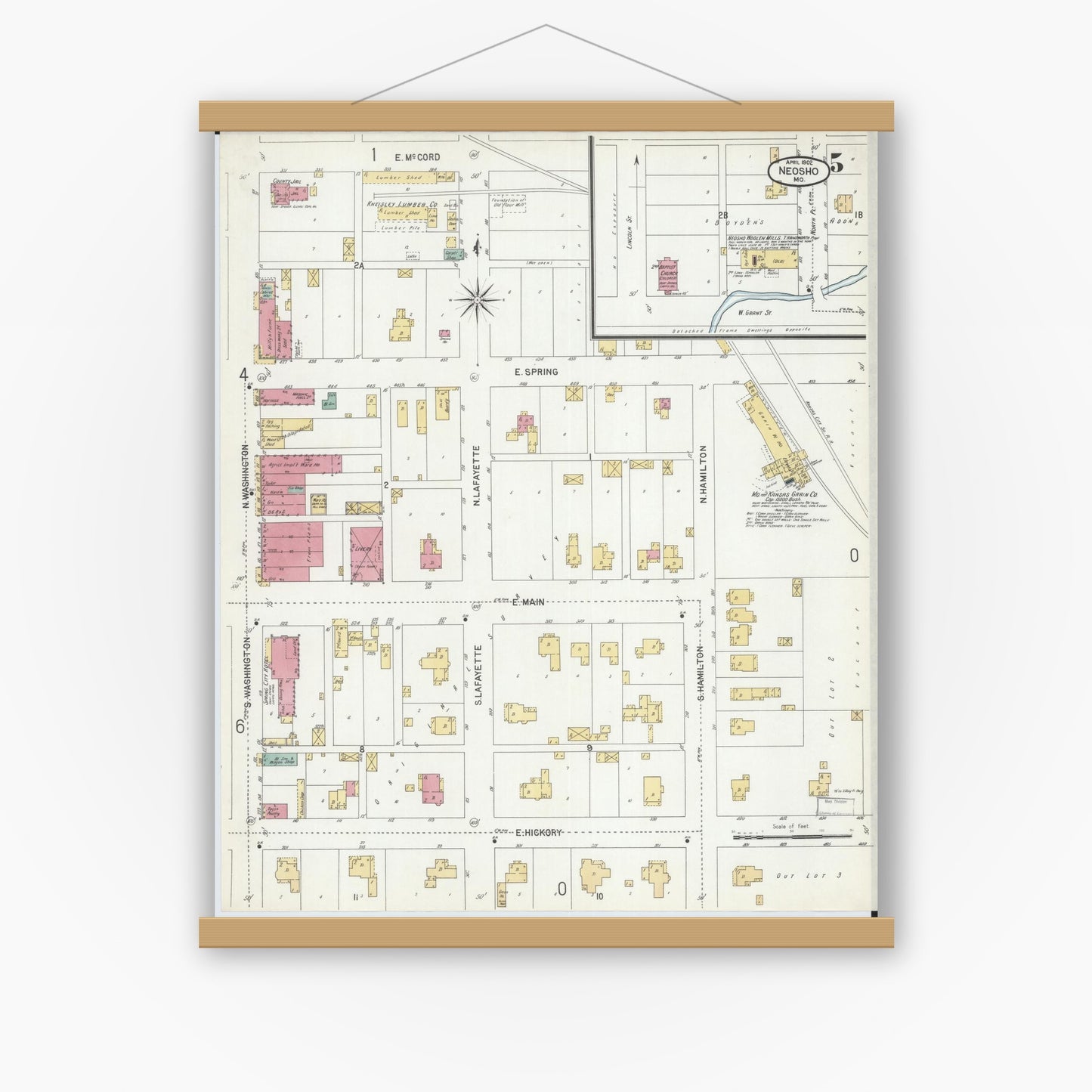 Old map wall art mockup — magnetic wood frame on white wall — Sanborn Fire Insurance Map from Neosho, Newton County, Missouri (1902), Sheet #0005