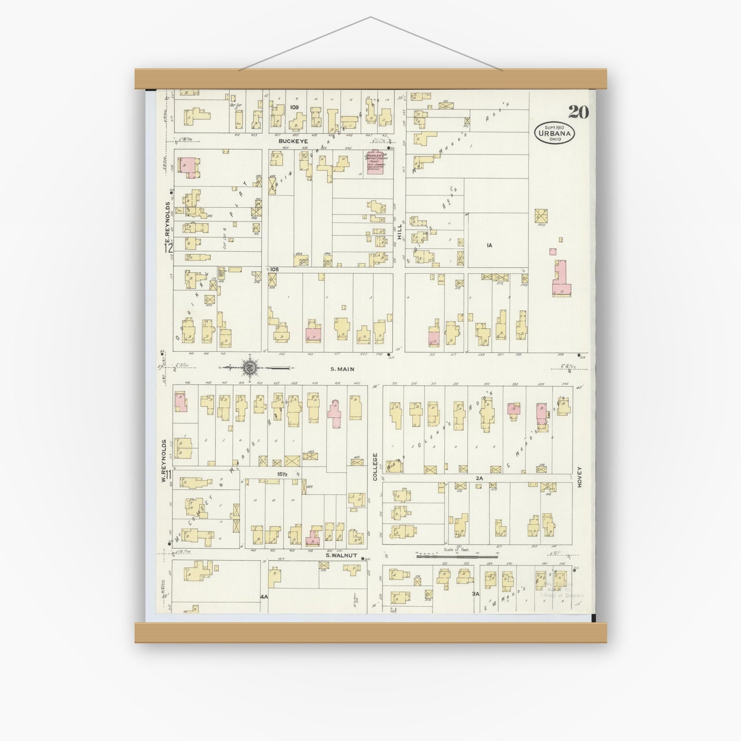 Old map wall art mockup — magnetic wood frame on white wall — Sanborn Fire Insurance Map from Urbana, Champaign County, Ohio (1910), Sheet #0020