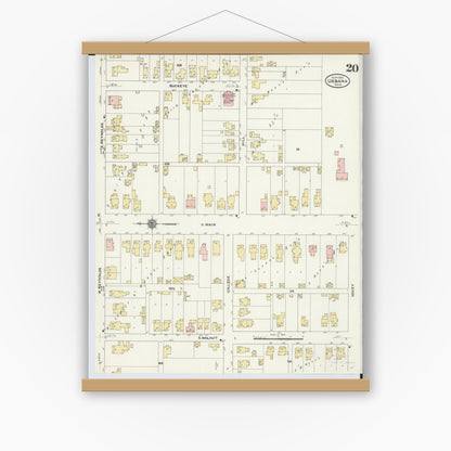 Old map wall art mockup — magnetic wood frame on white wall — Sanborn Fire Insurance Map from Urbana, Champaign County, Ohio (1910), Sheet #0020