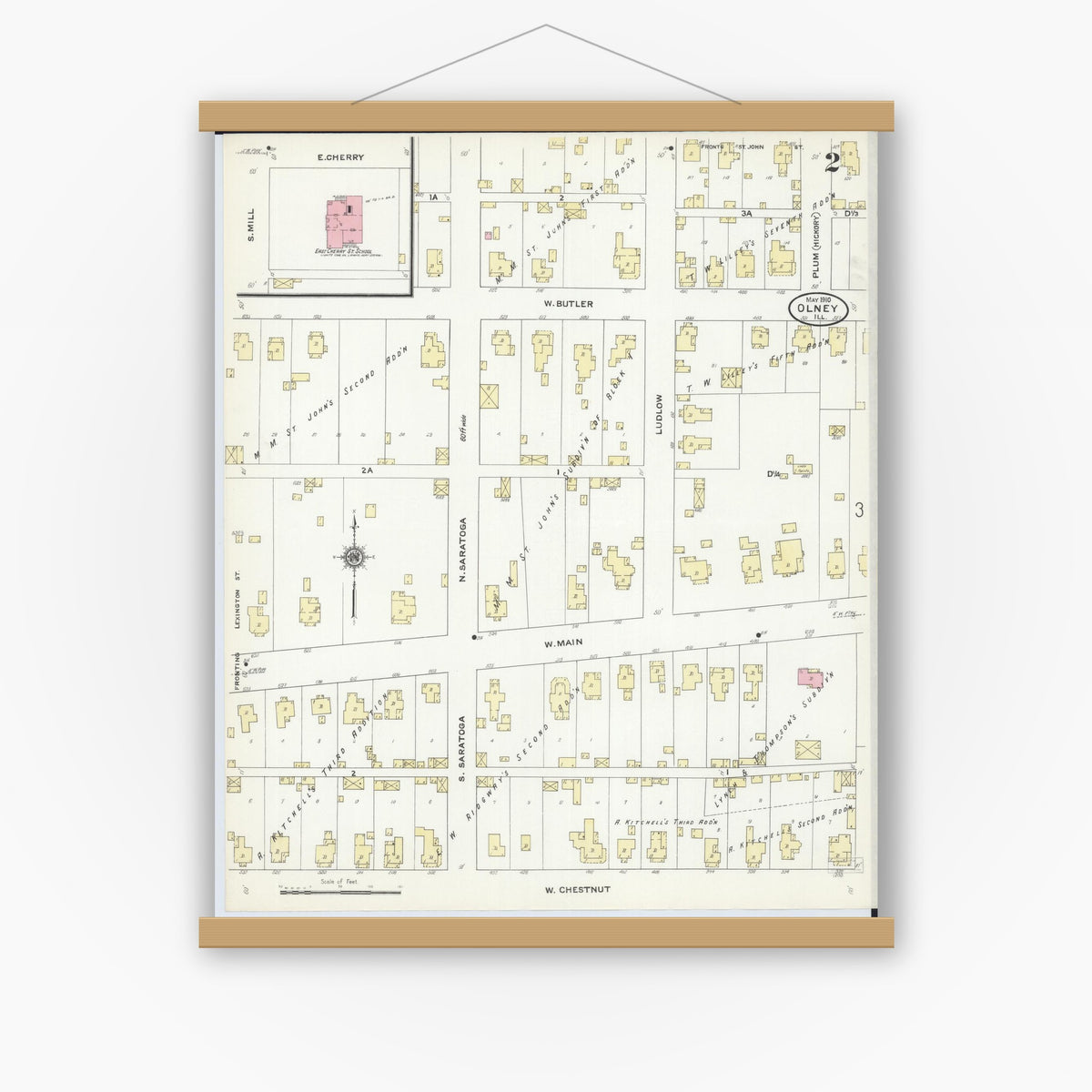 Old map wall art mockup — magnetic wood frame on white wall — Sanborn Fire Insurance Map from Olney, Richland County, Illinois (1910), Sheet #0002