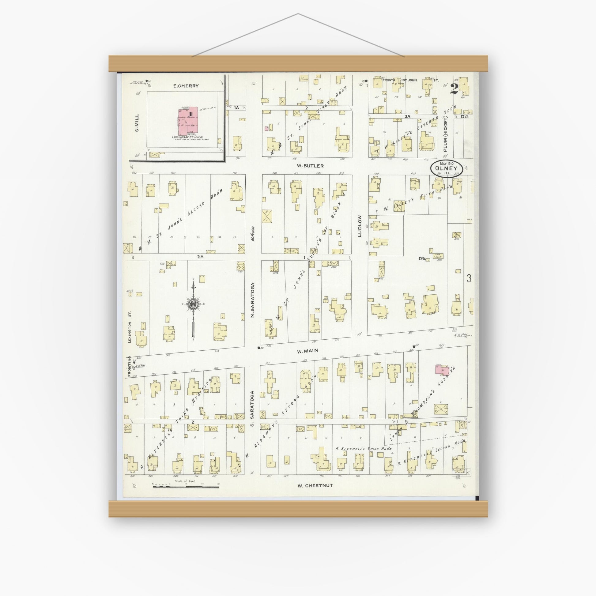 Old map wall art mockup — magnetic wood frame on white wall — Sanborn Fire Insurance Map from Olney, Richland County, Illinois (1910), Sheet #0002