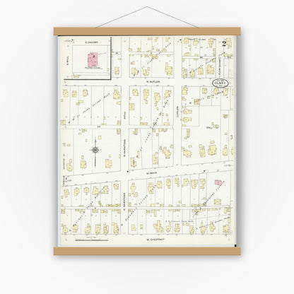 Old map wall art mockup — magnetic wood frame on white wall — Sanborn Fire Insurance Map from Olney, Richland County, Illinois (1910), Sheet #0002