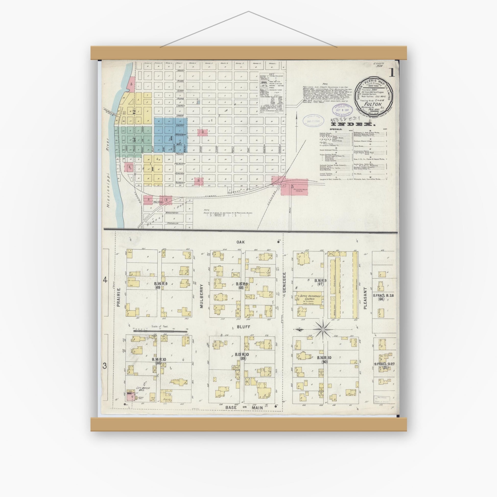 Old map wall art mockup — magnetic wood frame on white wall — Sanborn Fire Insurance Map from Fulton, Whiteside County, Illinois (1897) - Complete Map Set