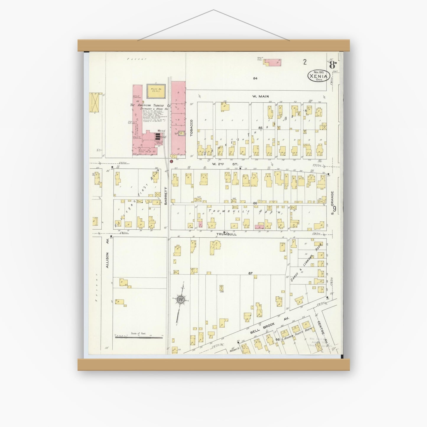 Old map wall art mockup — magnetic wood frame on white wall — Sanborn Fire Insurance Map from Xenia, Greene County, Ohio (1910), Sheet #0008