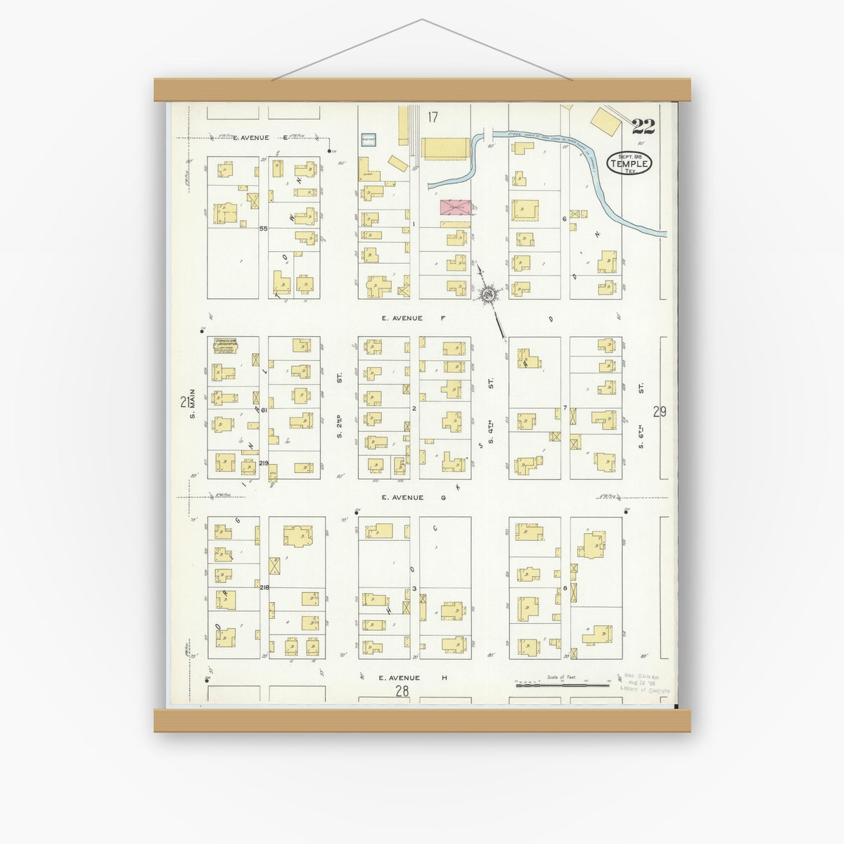 Old map wall art mockup — magnetic wood frame on white wall — Sanborn Fire Insurance Map from Temple, Bell County, Texas (1915), Sheet #0022