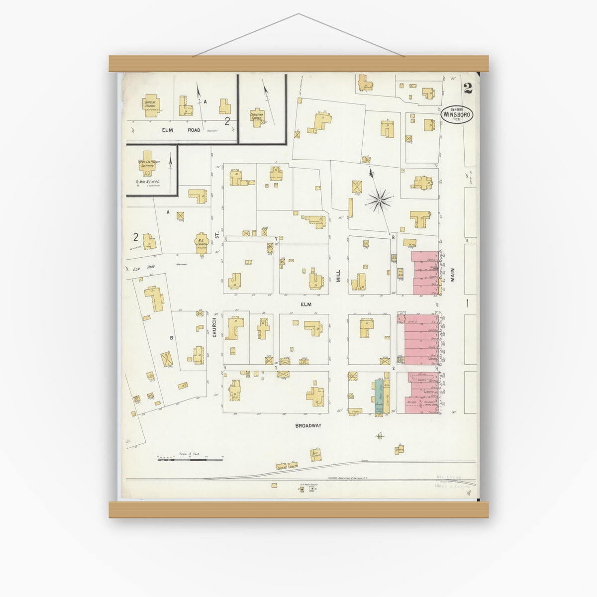 Old map wall art mockup — magnetic wood frame on white wall — Sanborn Fire Insurance Map from Winnsboro, Wood County, Texas (1899), Sheet #0002