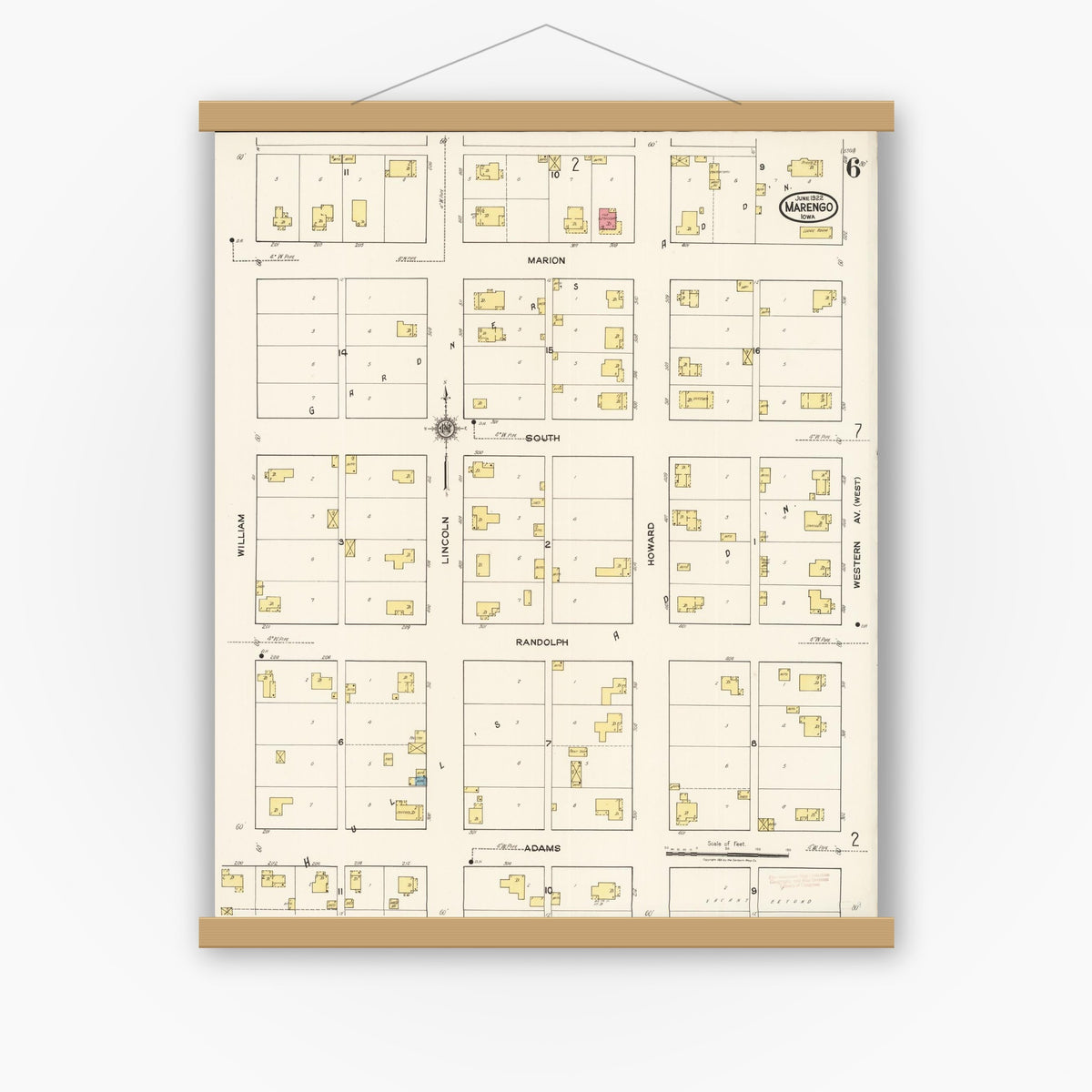Old map wall art mockup — magnetic wood frame on white wall — Sanborn Fire Insurance Map from Marengo, Iowa County, Iowa (1922), Sheet #0006
