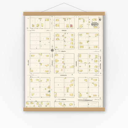 Old map wall art mockup — magnetic wood frame on white wall — Sanborn Fire Insurance Map from Marengo, Iowa County, Iowa (1922), Sheet #0006