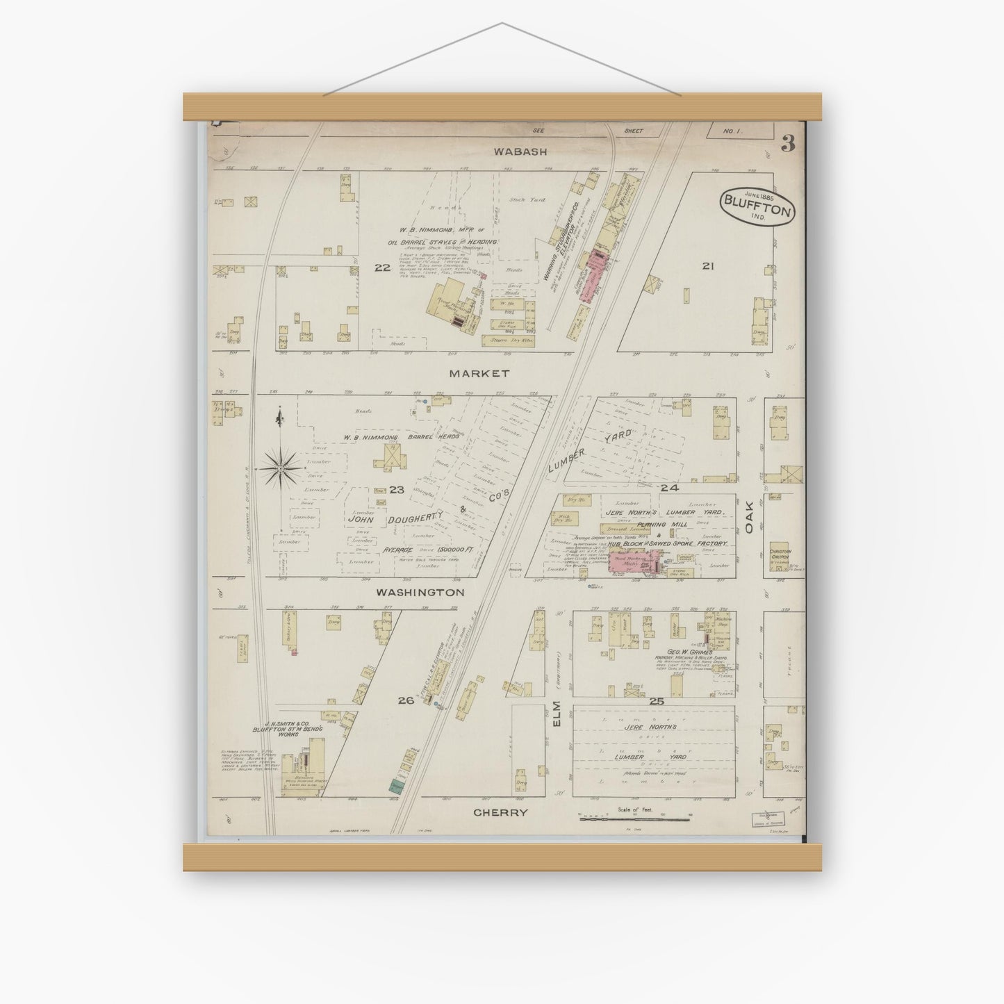 Old map wall art mockup — magnetic wood frame on white wall — Sanborn Fire Insurance Map from Bluffton, Wells County, Indiana (1885), Sheet #0003