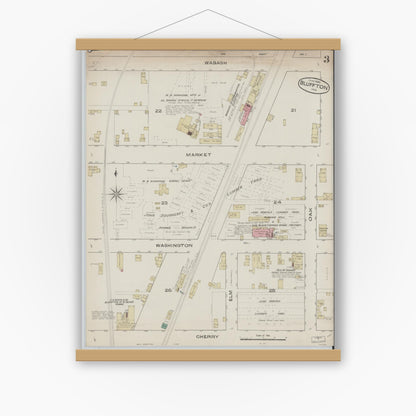 Old map wall art mockup — magnetic wood frame on white wall — Sanborn Fire Insurance Map from Bluffton, Wells County, Indiana (1885), Sheet #0003