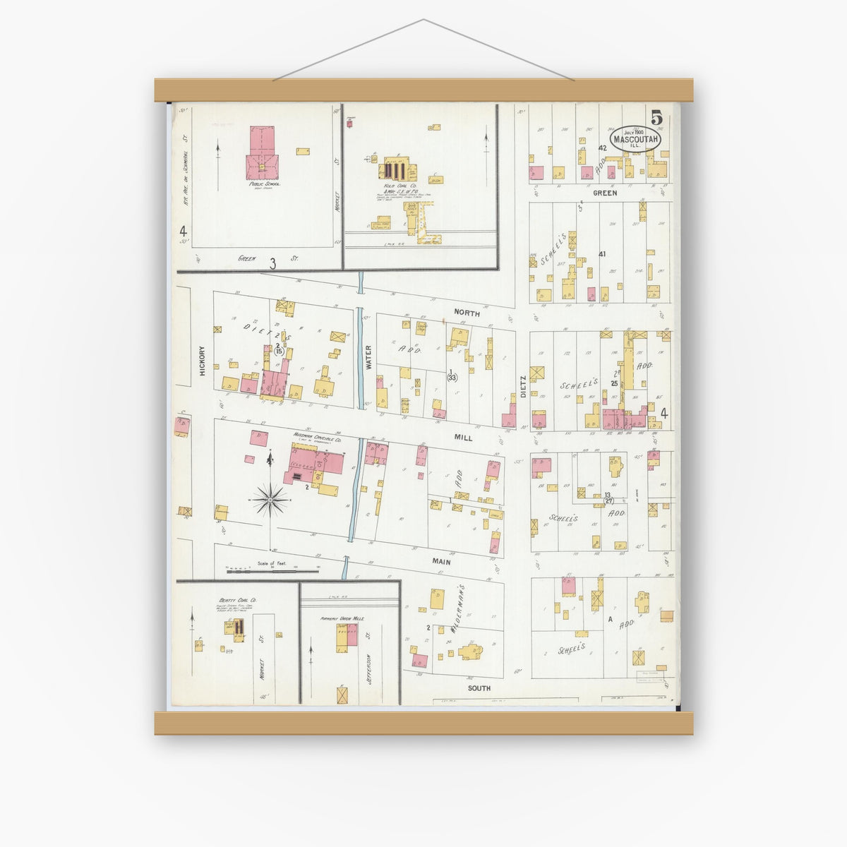 Old map wall art mockup — magnetic wood frame on white wall — Sanborn Fire Insurance Map from Mascoutah, Saint Clair County, Illinois (1900), Sheet #0005