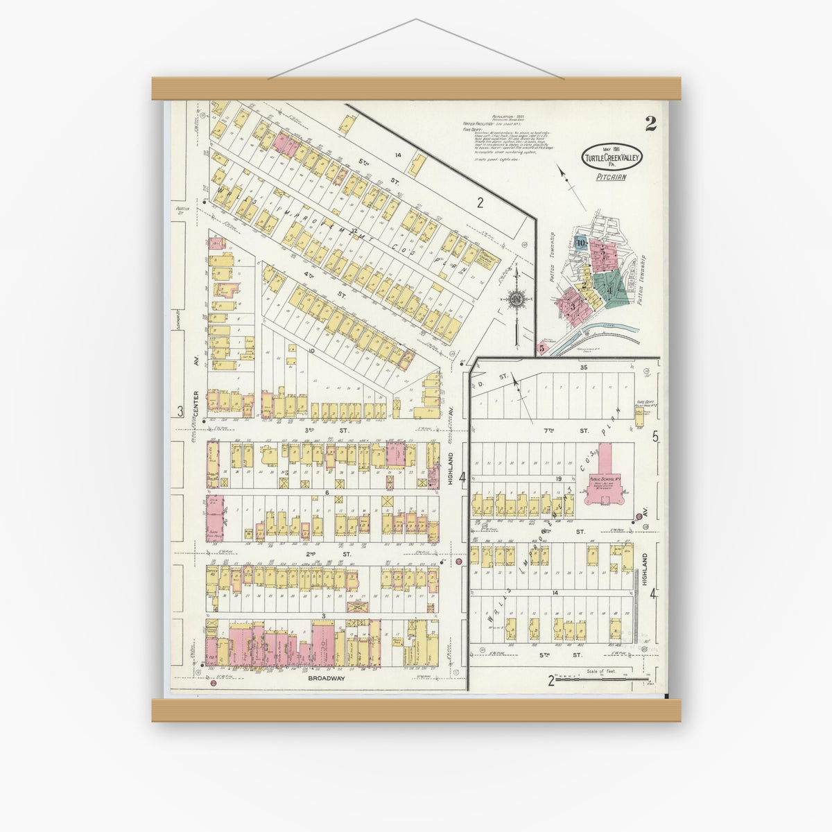 Old map wall art mockup — magnetic wood frame on white wall — Sanborn Fire Insurance Map from Turtle Creek Valley, Allegheny County, Pennsylvania (1911), Sheet #0002
