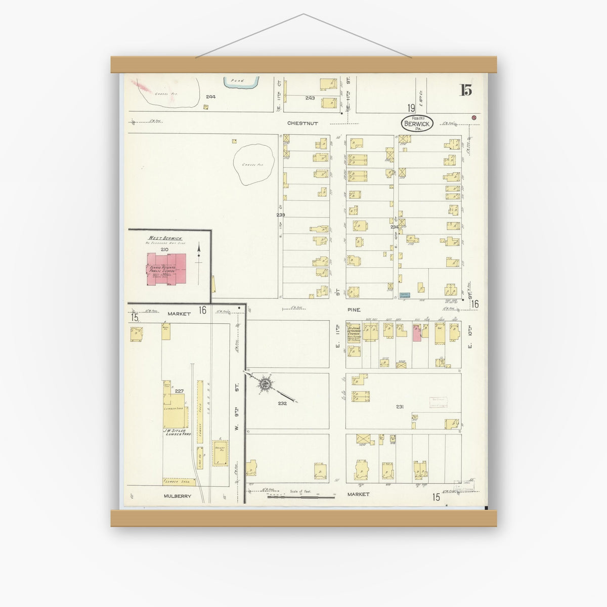 Old map wall art mockup — magnetic wood frame on white wall — Sanborn Fire Insurance Map from Berwick, Columbia County, Pennsylvania (1913), Sheet #0015