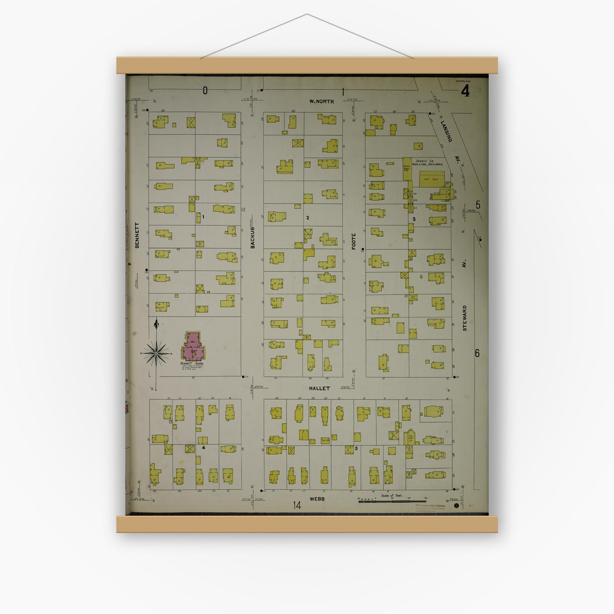 Old map wall art mockup — magnetic wood frame on white wall — Sanborn Fire Insurance Map from Jackson, Jackson County, Michigan (1907), Sheet #0004