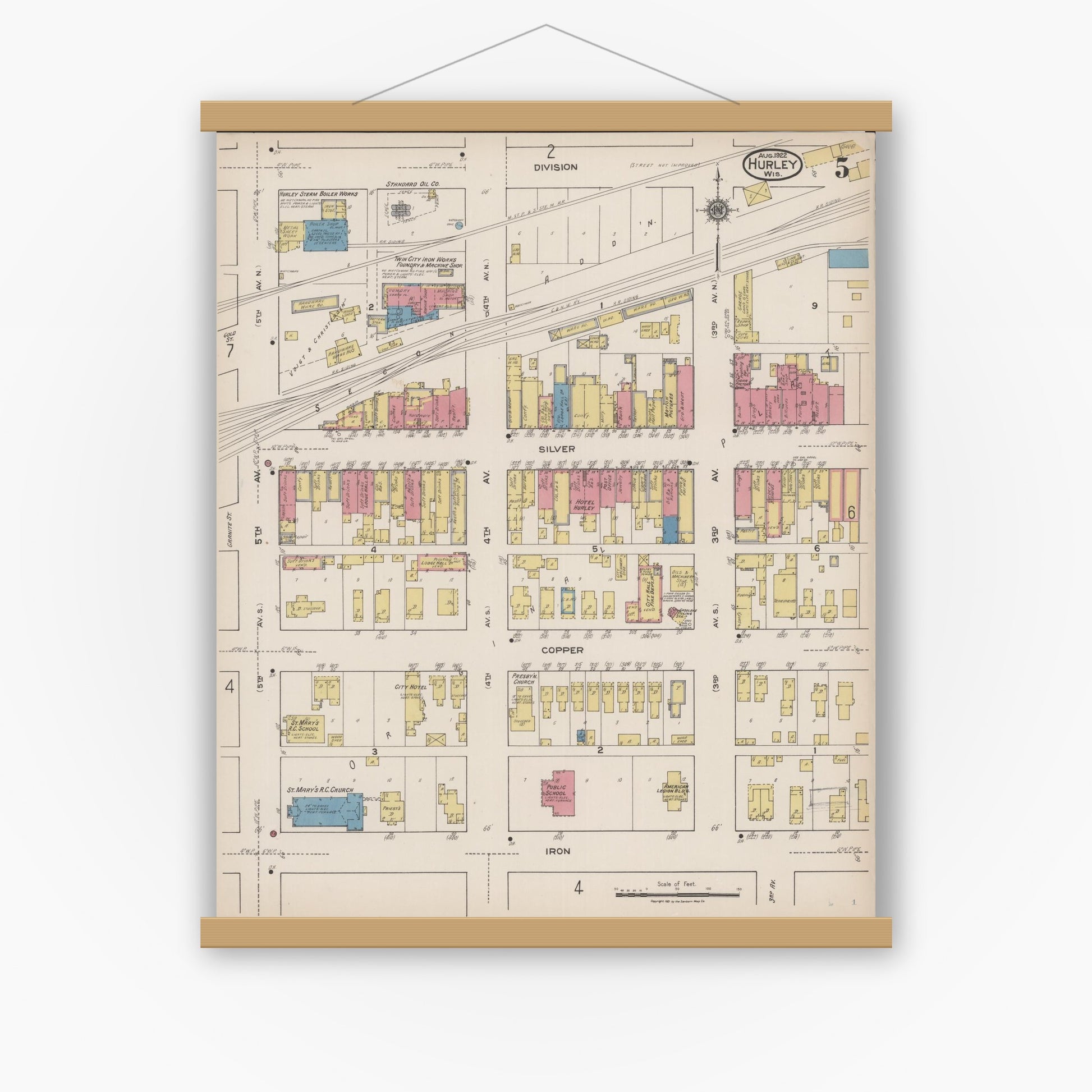 Old map wall art mockup — magnetic wood frame on white wall — Sanborn Fire Insurance Map from Hurley, Iron County, Wisconsin (1922), Sheet #0005