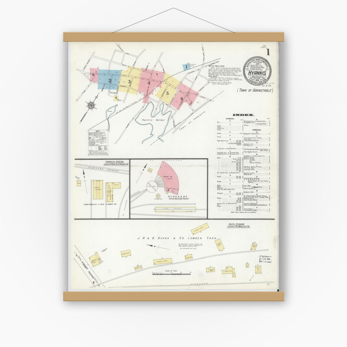 Old map wall art mockup — magnetic wood frame on white wall — Sanborn Fire Insurance Map from Hyannis, Barnstable County, Massachusetts (1912) - Complete Map Set