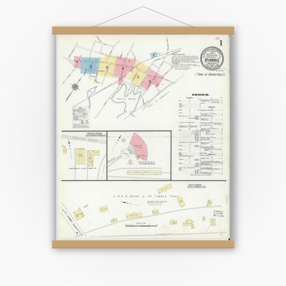 Old map wall art mockup — magnetic wood frame on white wall — Sanborn Fire Insurance Map from Hyannis, Barnstable County, Massachusetts (1912) - Complete Map Set