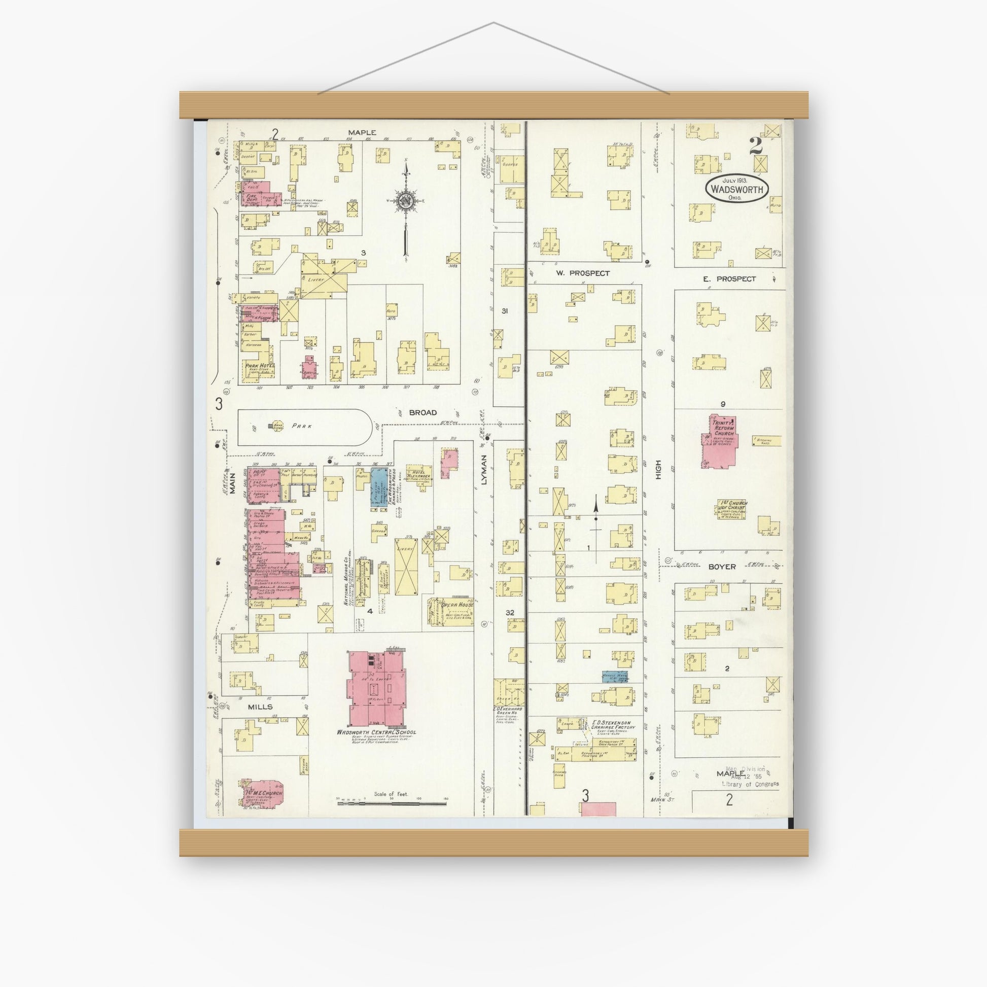 Old map wall art mockup — magnetic wood frame on white wall — Sanborn Fire Insurance Map from Wadsworth, Medina County, Ohio (1913), Sheet #0002