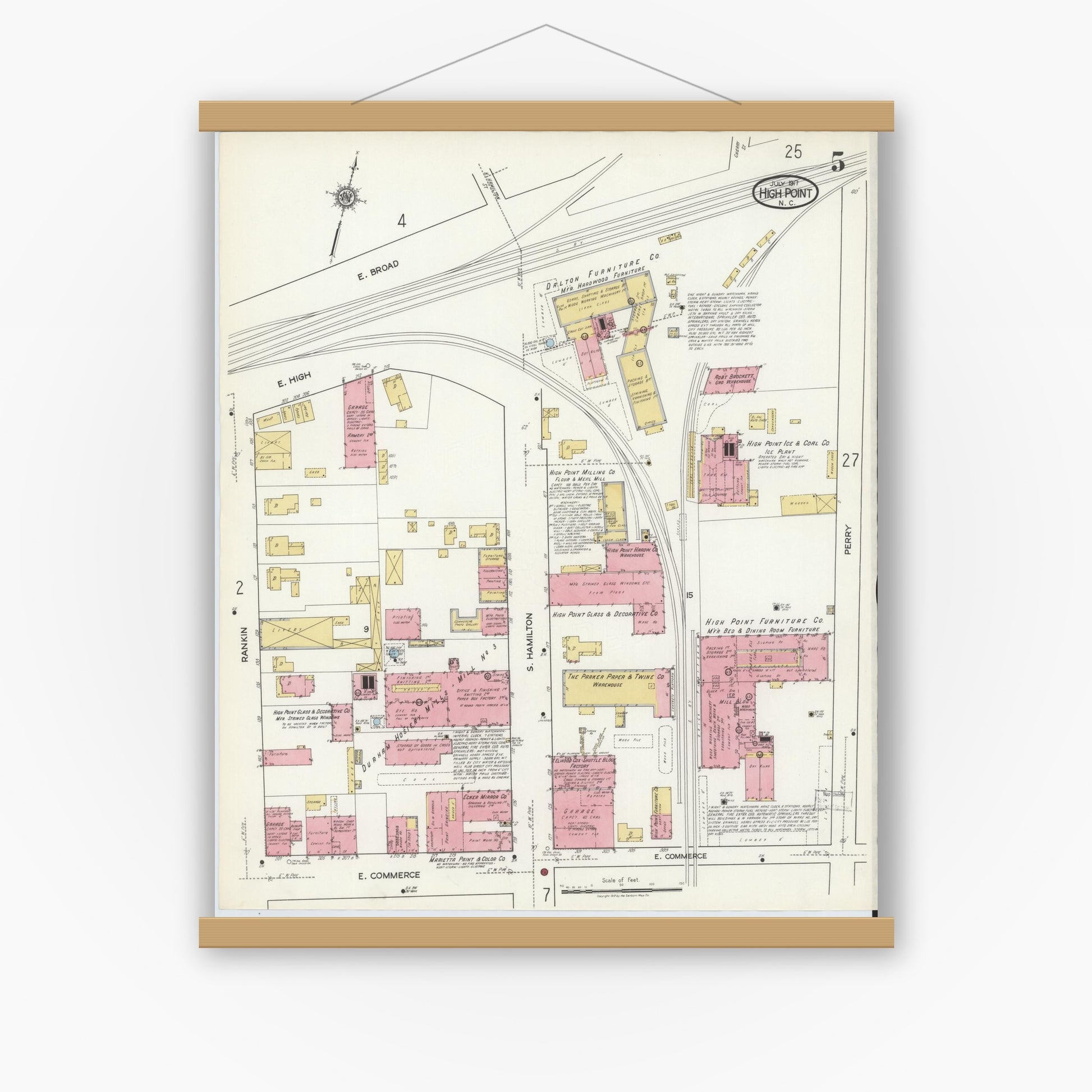 Old map wall art mockup — magnetic wood frame on white wall — Sanborn Fire Insurance Map from High Point, Guilford County, North Carolina (1917), Sheet #0005