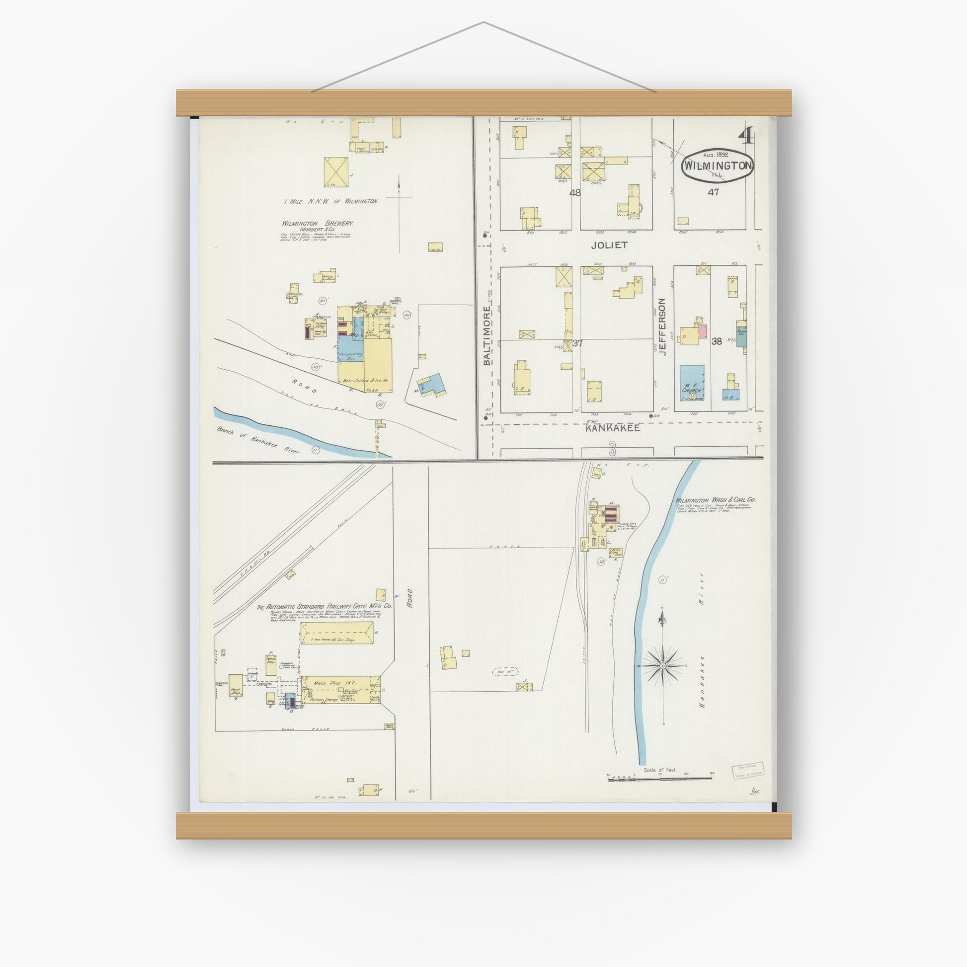 Old map wall art mockup — magnetic wood frame on white wall — Sanborn Fire Insurance Map from Wilmington, Will County, Illinois (1892), Sheet #0004