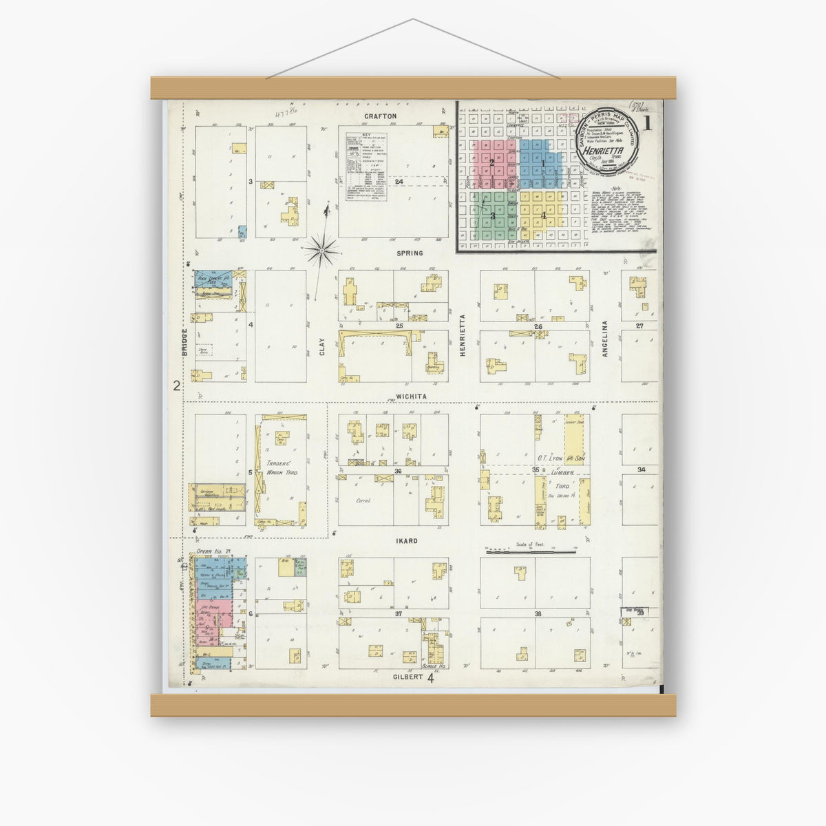 Old map wall art mockup — magnetic wood frame on white wall — Sanborn Fire Insurance Map from Henrietta, Clay County, Texas (1896) - Complete Map Set