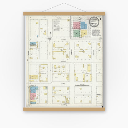 Old map wall art mockup — magnetic wood frame on white wall — Sanborn Fire Insurance Map from Henrietta, Clay County, Texas (1896) - Complete Map Set