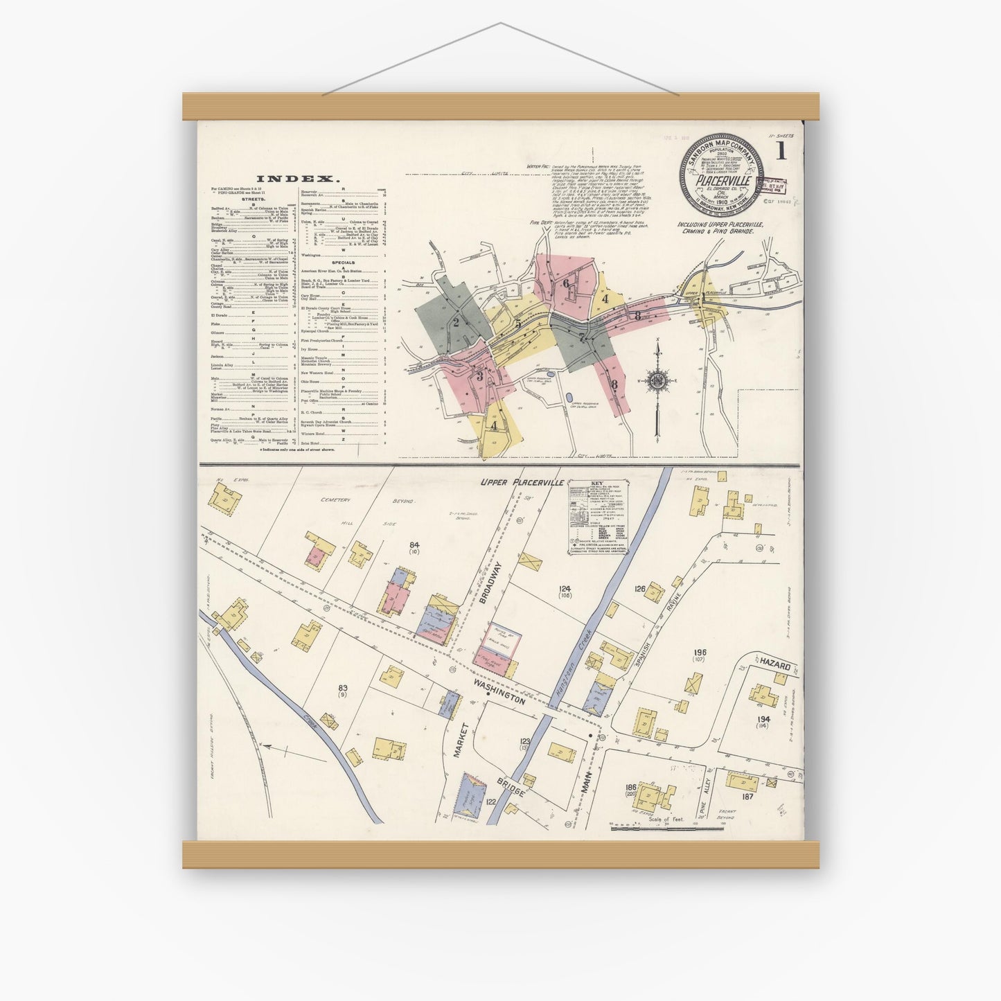 Old map wall art mockup — magnetic wood frame on white wall — Sanborn Fire Insurance Map from Placerville, El Dorado County, California (1910) - Complete Map Set