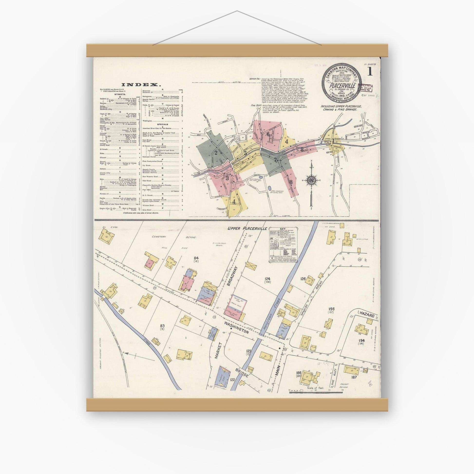 Old map wall art mockup — magnetic wood frame on white wall — Sanborn Fire Insurance Map from Placerville, El Dorado County, California (1910) - Complete Map Set